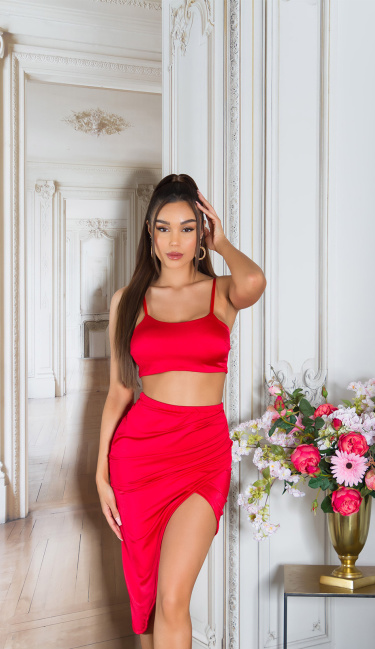 Musthave Satin Set Skirt + Crop Top Red